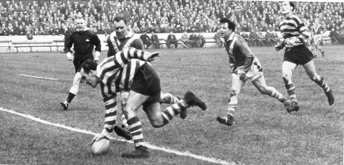 Charlie Winslade scores v Walney Central with Roger Dufty in support - Feb 27th 1960.