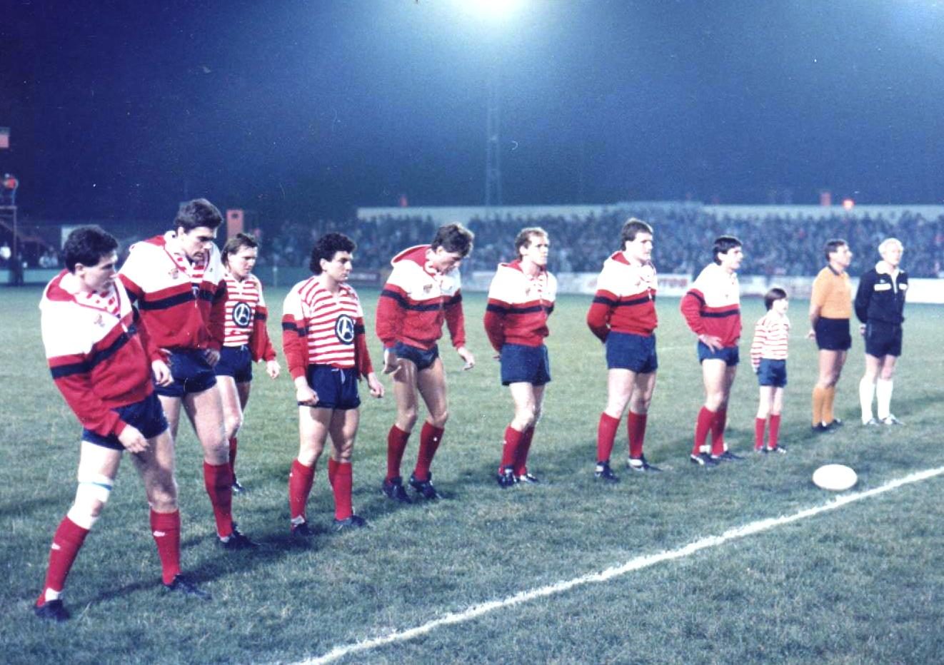 The Oldham team line up before the match against Australia on Nov 4th 1986. From left: Des Foy, Neil Clawson, Stuart Raper, Ray Ashton, Paul Sherman, Jeff Edwards, David Hobbs and David Topliss.