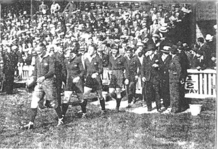 Frank McMillan leads out the 1933 Kangaroos at Watersheddings - Sep 9th 1933.