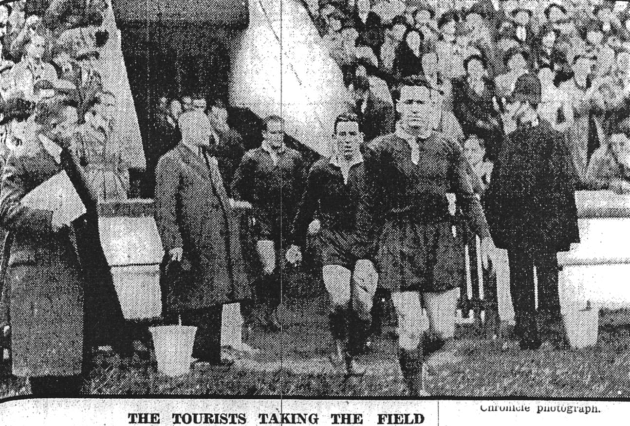 Jack Reardon leads out the Australians at Watersheddings - Nov 6th 1937.