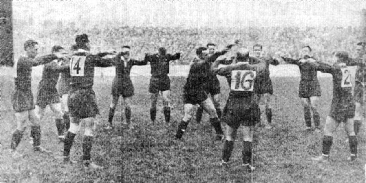 The 1937 Kangaroos perform their "War Cry" at Watersheddings. Nov 6th 1937.