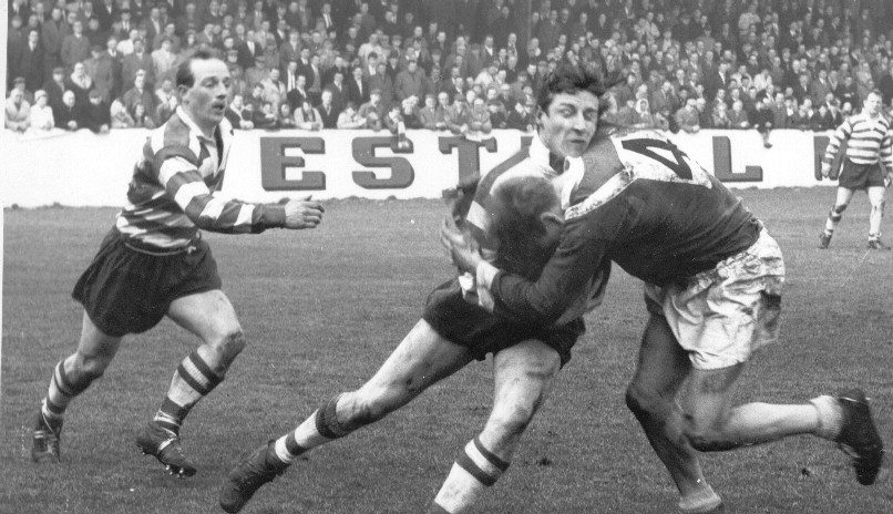 Donovan takes on the Barrow defence with Nestor in support - March 21st 1964.