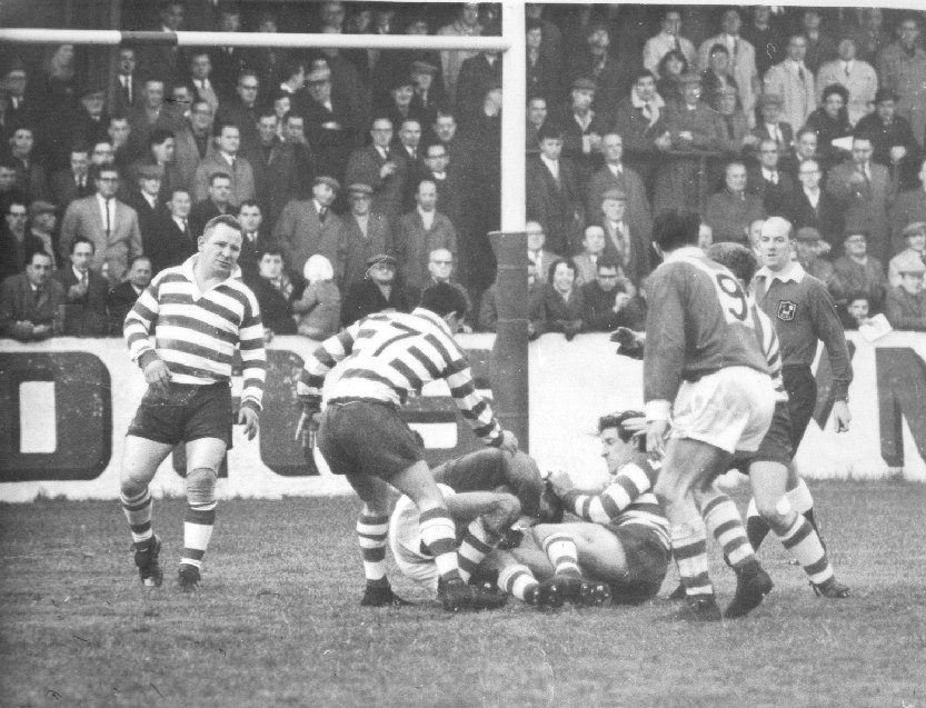 A Barrow attack is halted by Donovan and Gaskell as Dyson watches - Nov 7th 1964.