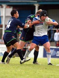 Carlos Mataora and Jon Goddard combine to half Barrow stand-off Joel Osborn - June 12th 2005.