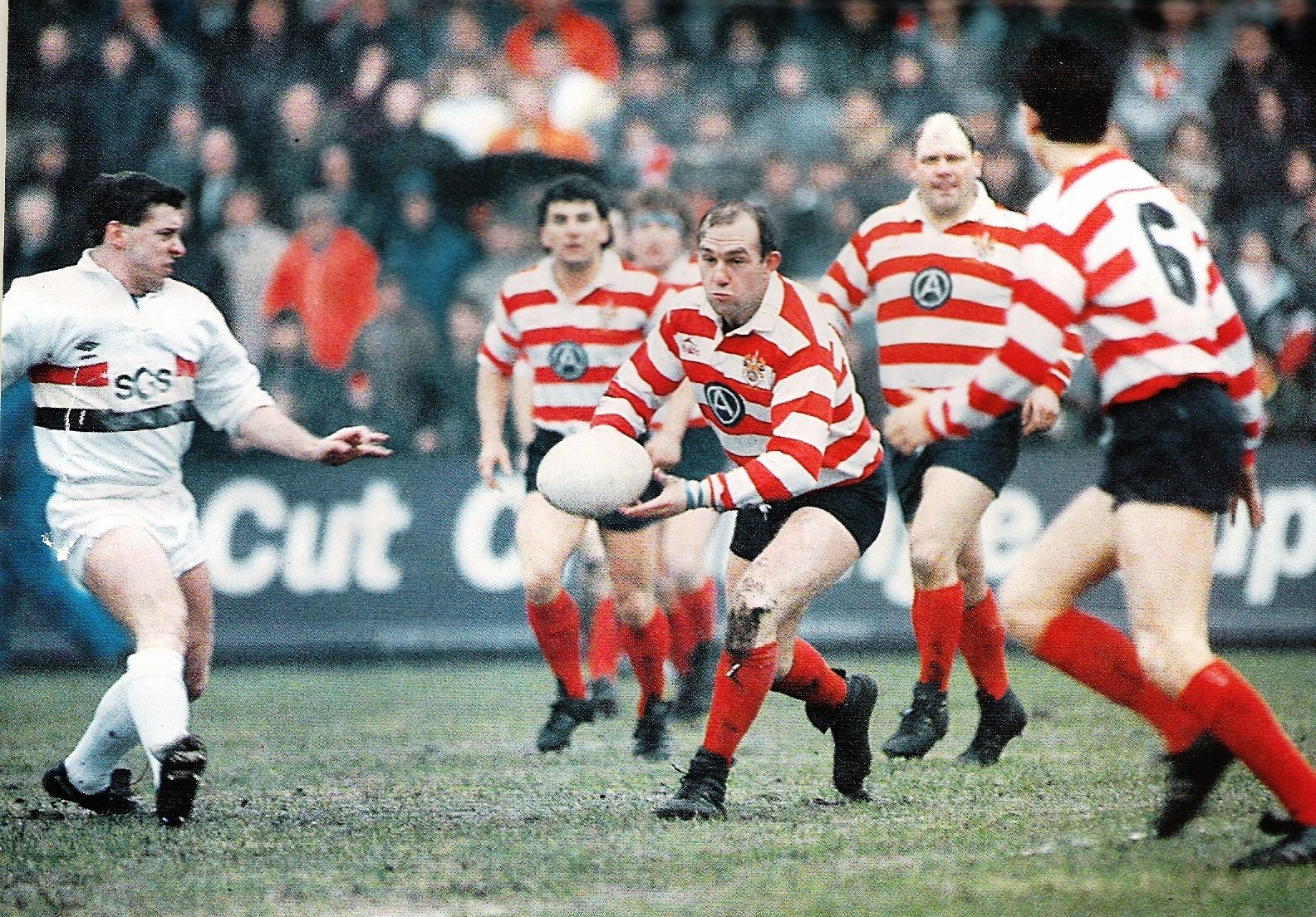 Terry Flanagan releases a pass to Glen Liddiard with Ray Ashton and Mick Morgan in support - March 16th 1986.