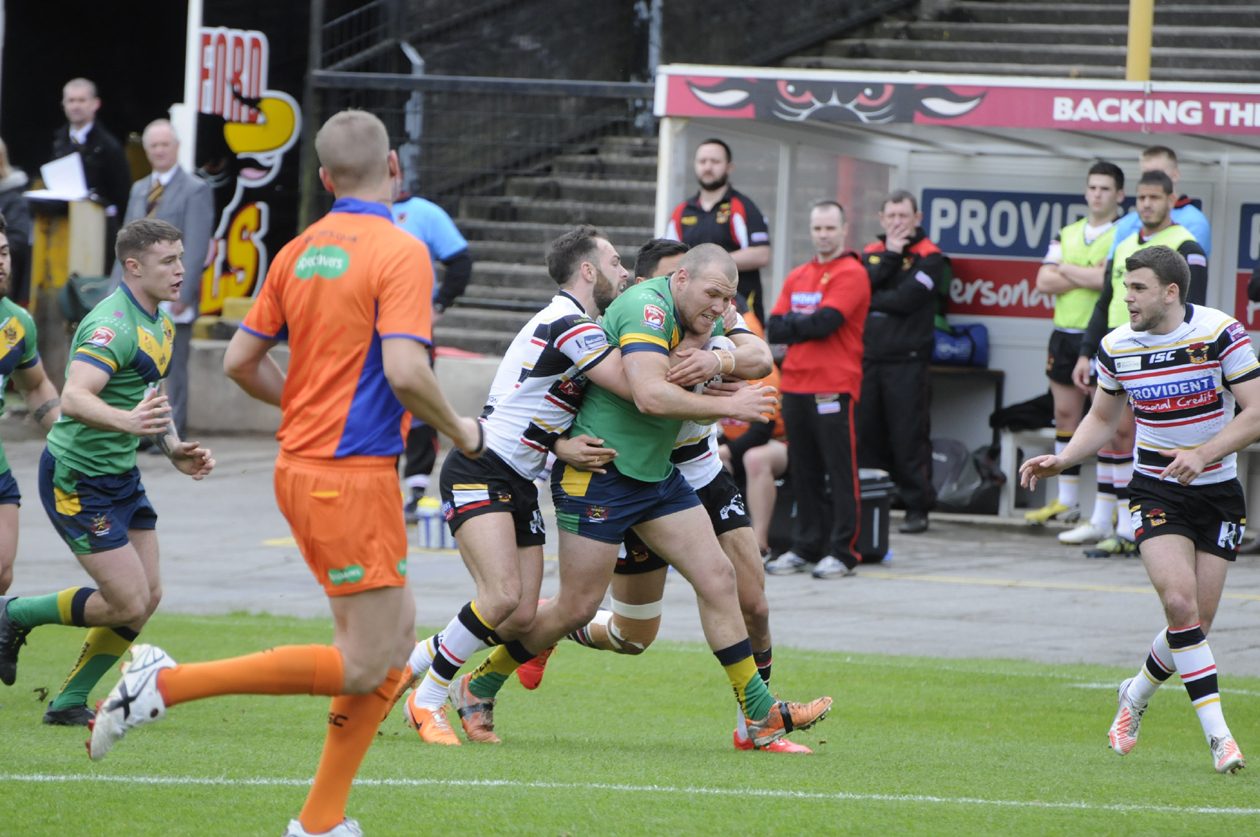 Bradford V Oldham Oldham's Josh Crowley is well held - April 6th 2014.