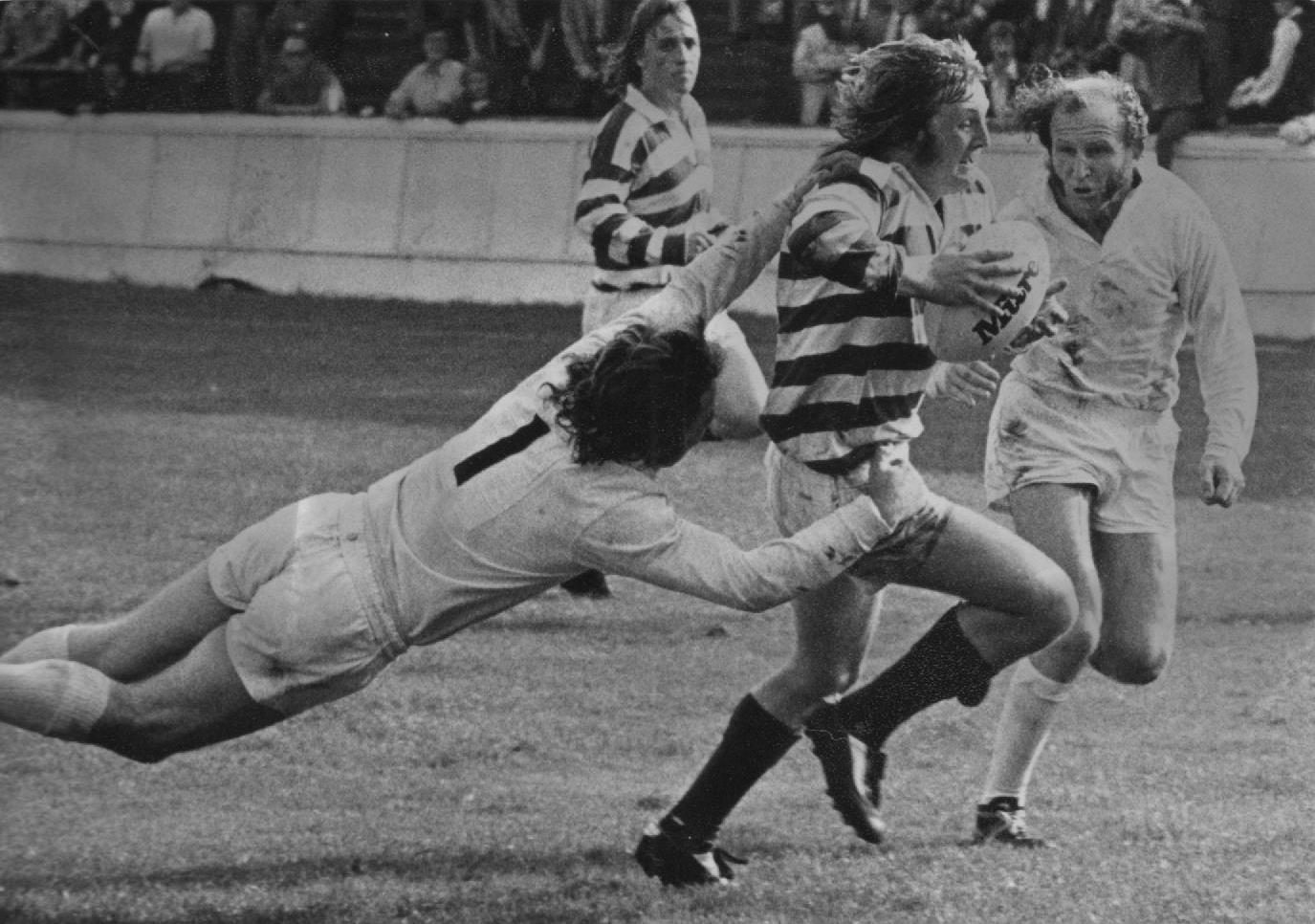 Tony Wainwright looks for a way through the Bramley defence with Bob Gaitley in support - Sep 8th 1973.