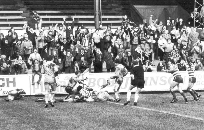 Brian Caffery scores a last minute winner against Cardiff to the delight of the main stand terrace spectators - Feb 7th 1982.
