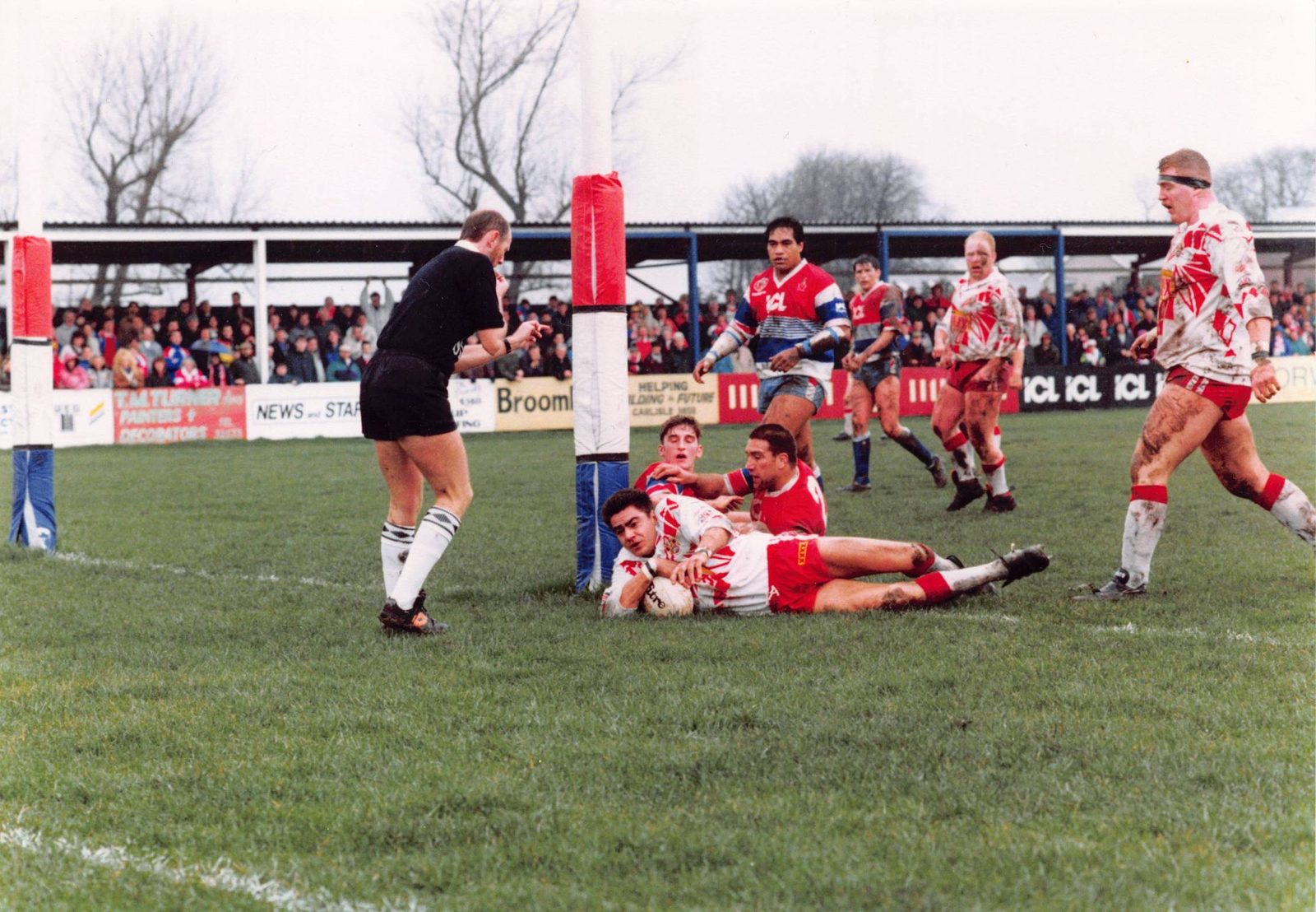 Logan Edwards scores near the posts at Carlisle - March 29th 1992.