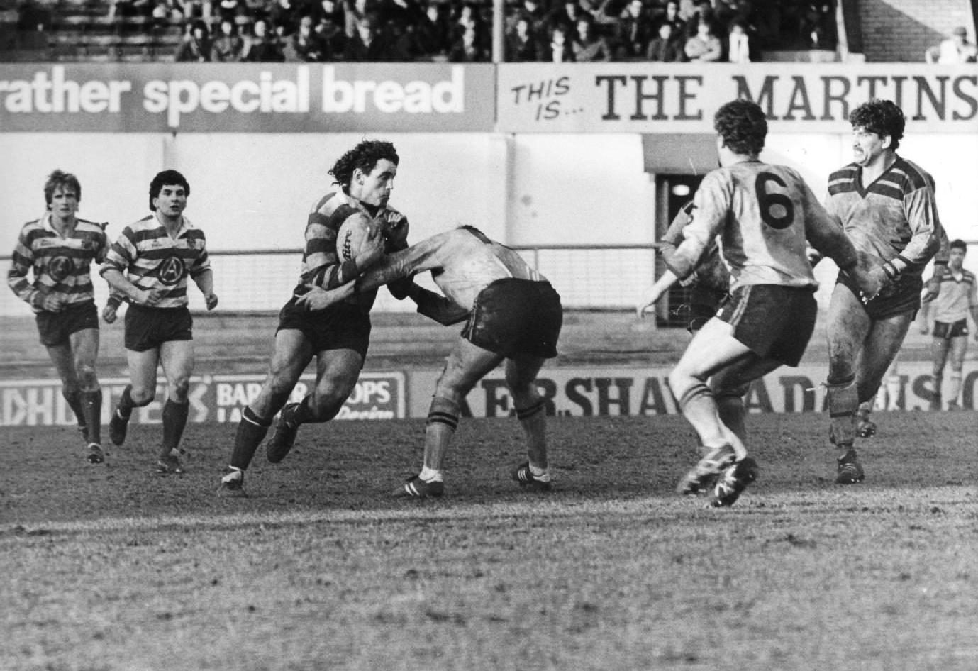 Andy Goodway takes on the Cas defence - Feb 17th 1985.