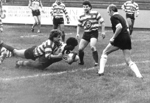 A try for James Sandy in Ian Sanderson's tackle - Oct 20th 1985.