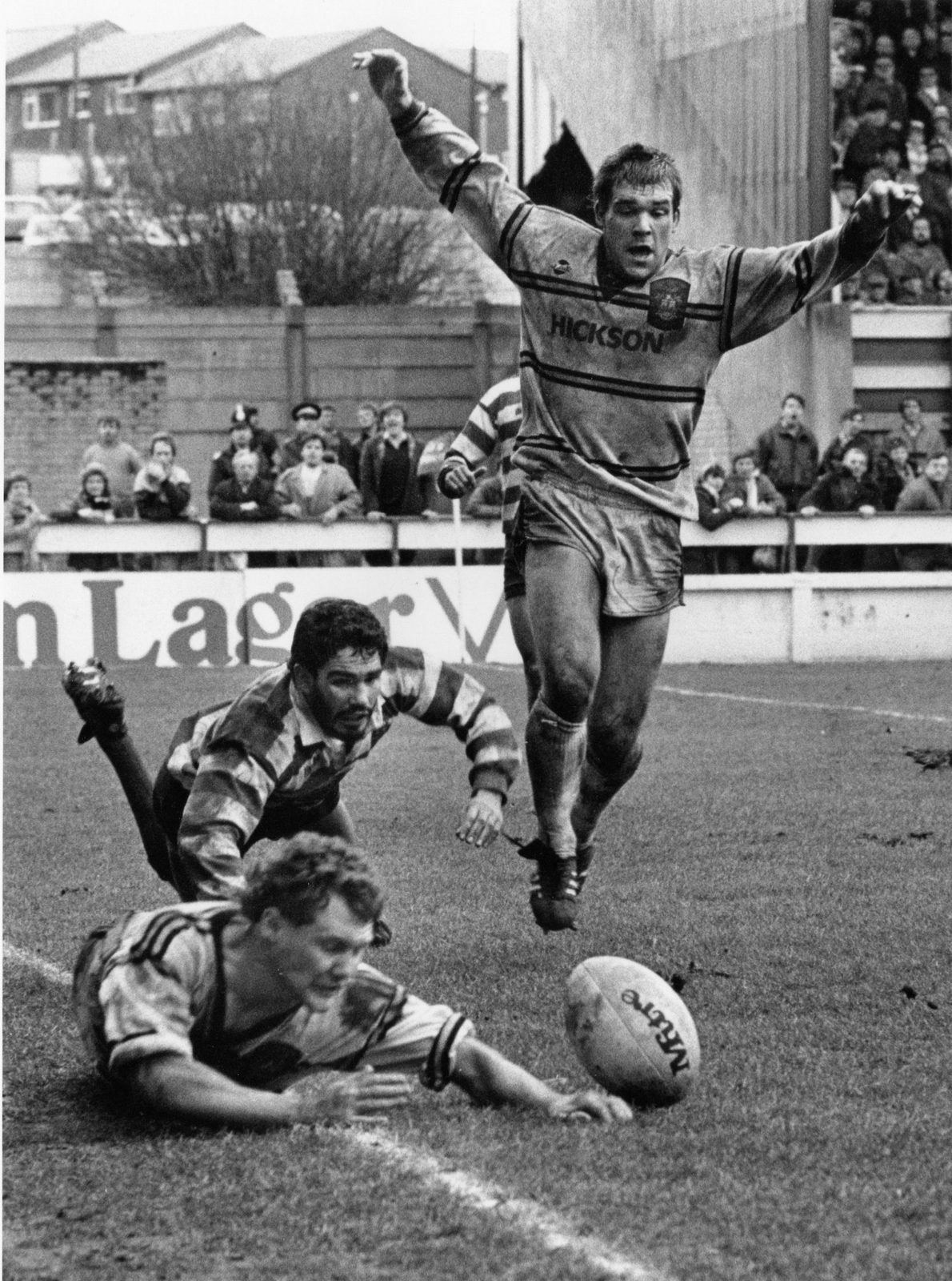 Bob Beardmore and David Liddiard scramble after a loose ball over the Oldham line. Verdict try to Castleford - March 22nd 1986.