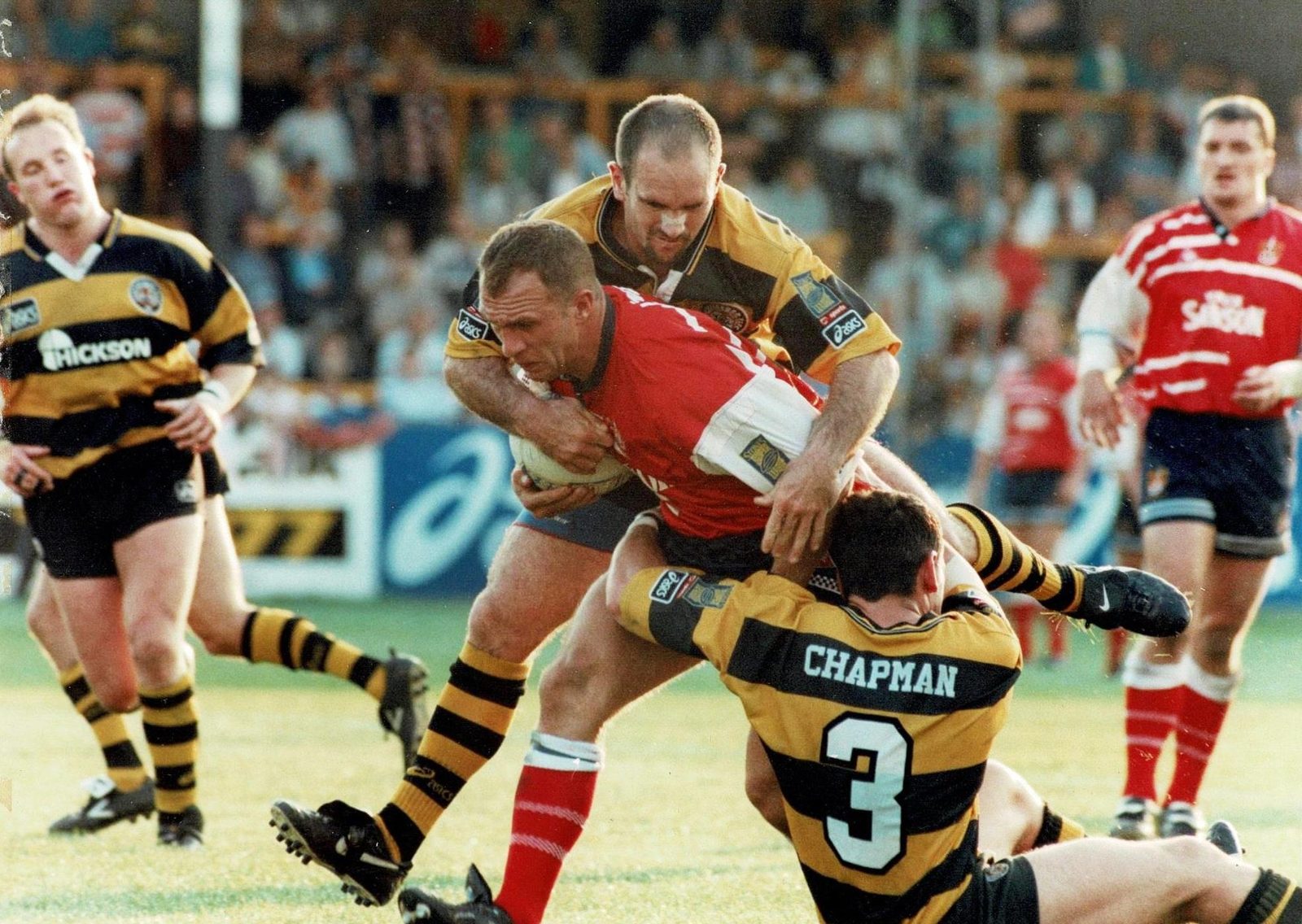 David Jones falls to a to man tackle at Wheldon Road - July 11th 1997.