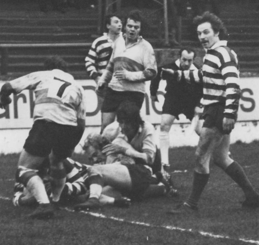 Mike Elliott squeezes over for a try against Doncaster with Mick McCone close by - March 4th 1972.