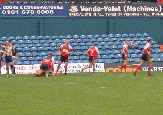 Ian Marsh and Phil Farrell pull down a Doncaster player - Sep 12th 2004.