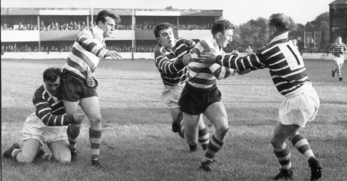 Ike Southward takes a pass from Brian Lord v Featherstone - Sep 20th 1960.