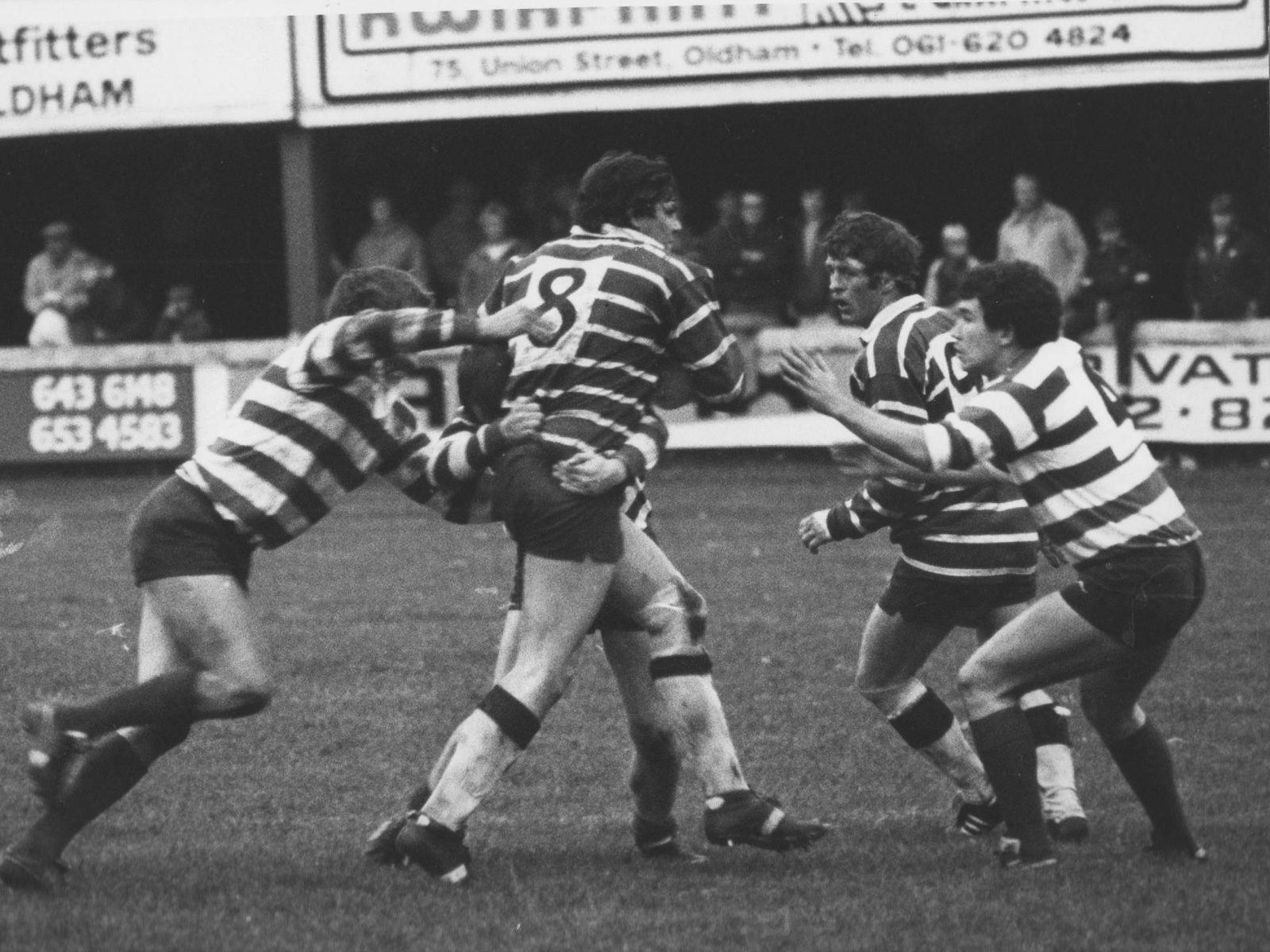 Des Foy moves in to tackle the Featherstone prop - Oct 28th 1984.