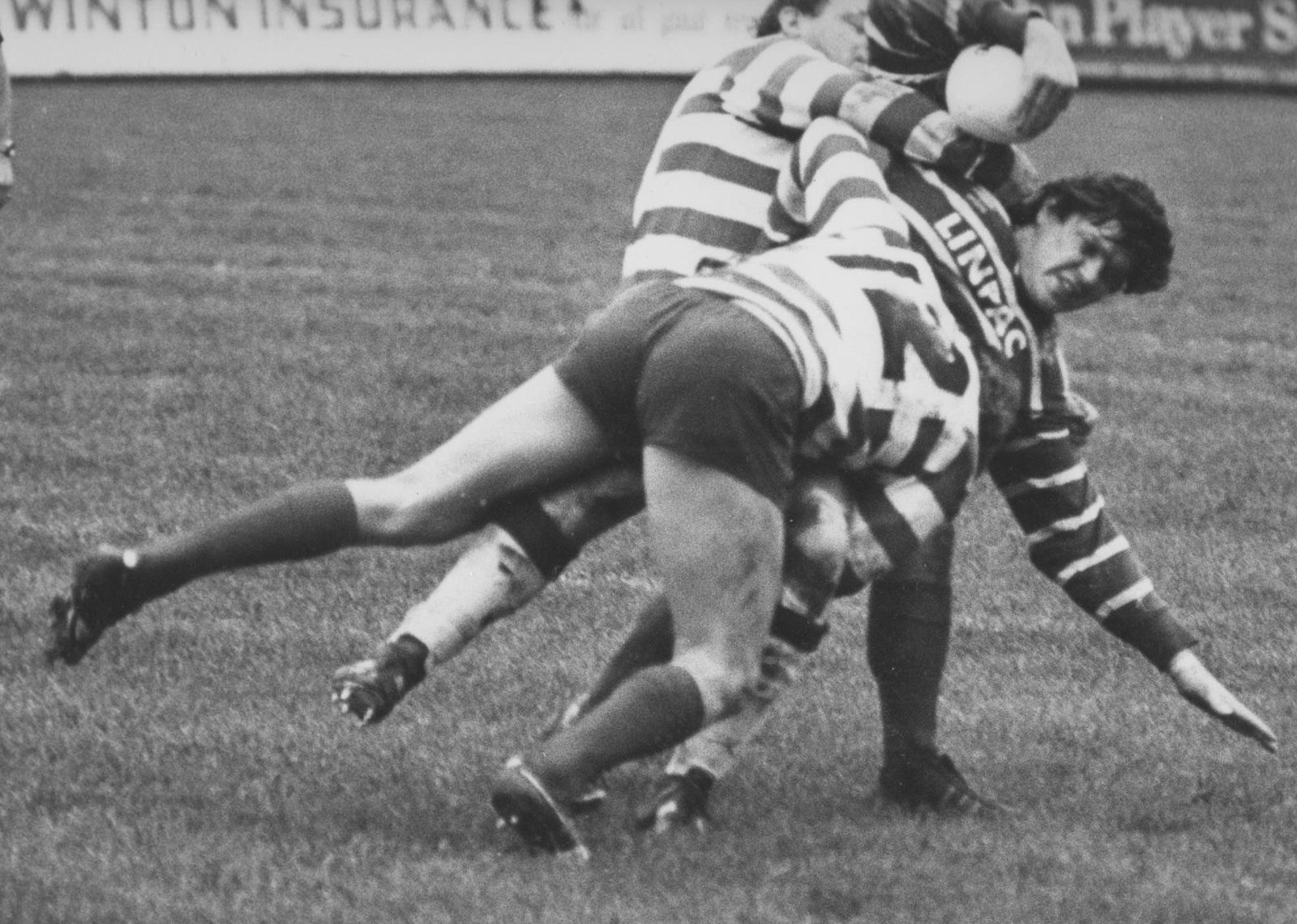Chris Phelan and Mick Morgan bring down a Featherstone opponent - Oct 28th 1984.