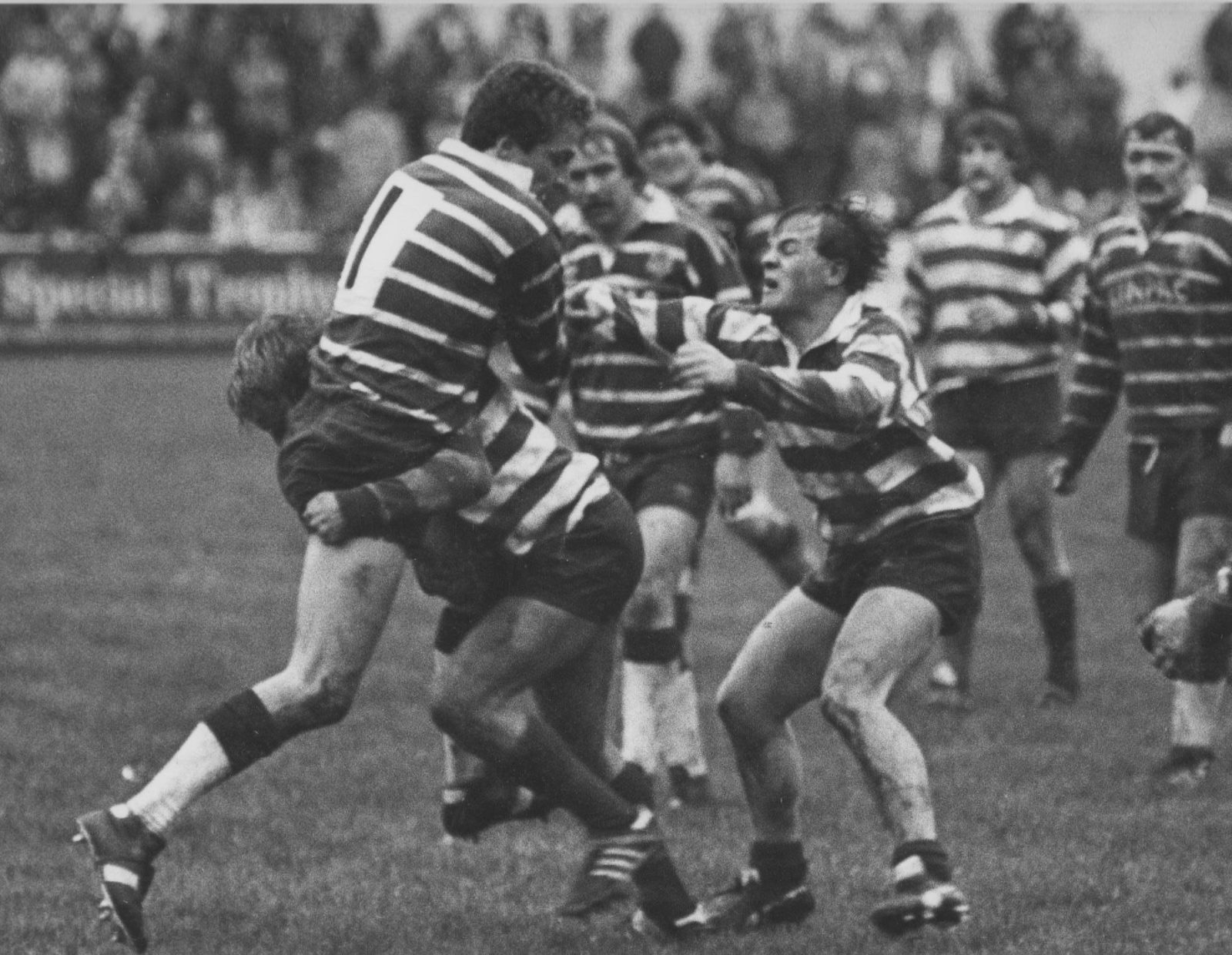 Paddy Kirwan moves in to assist in the tackle - Oct 28th 1984.