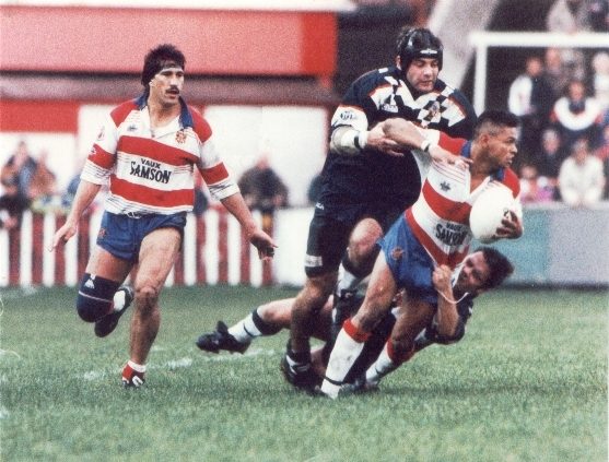 Wally Gibson is tackled v Featherstone with Mike Kuiti in support - March 27th 1994.