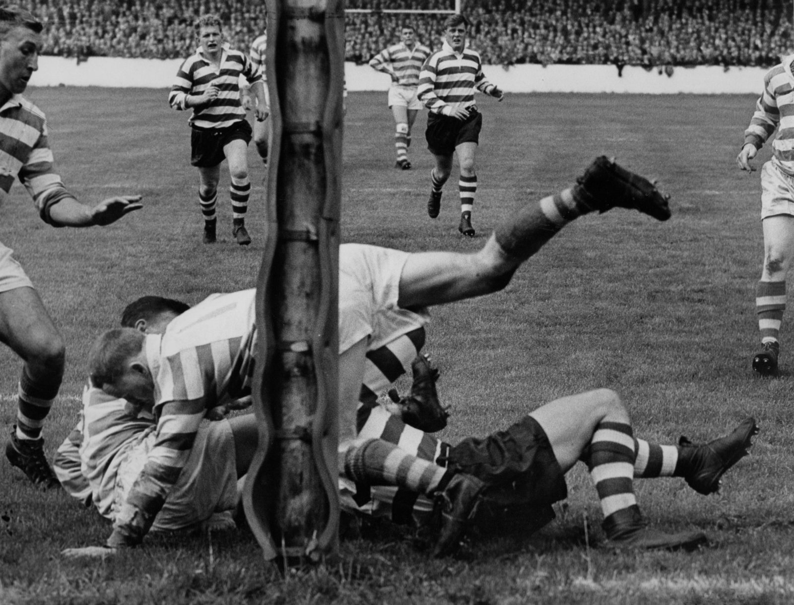 Vince Nestor tackled just short v Halifax - Aug 16th 1958.
