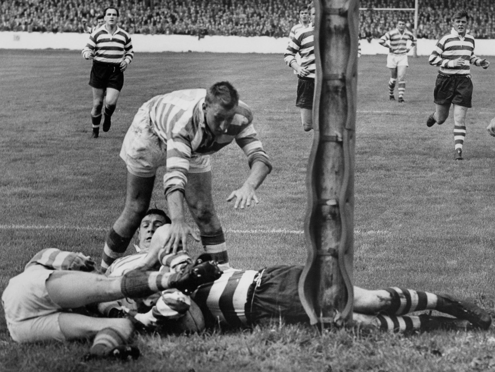Vince Nestor comes to a halt just short v Halifax - Aug 16th 1958.