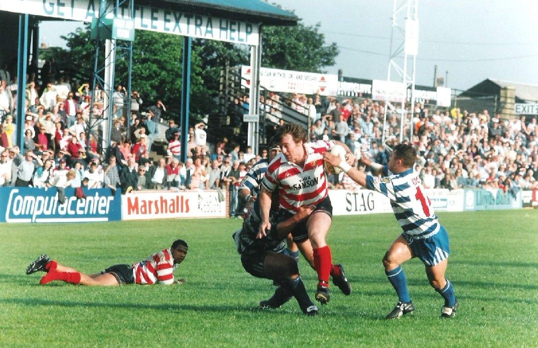 Francis Maloney takes on the Halifax defence - June 23rd 1996.