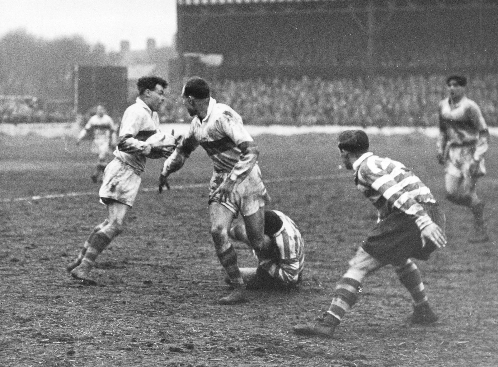 Breen and Kilroy start an Huddersfield attack - April 7th 1958.