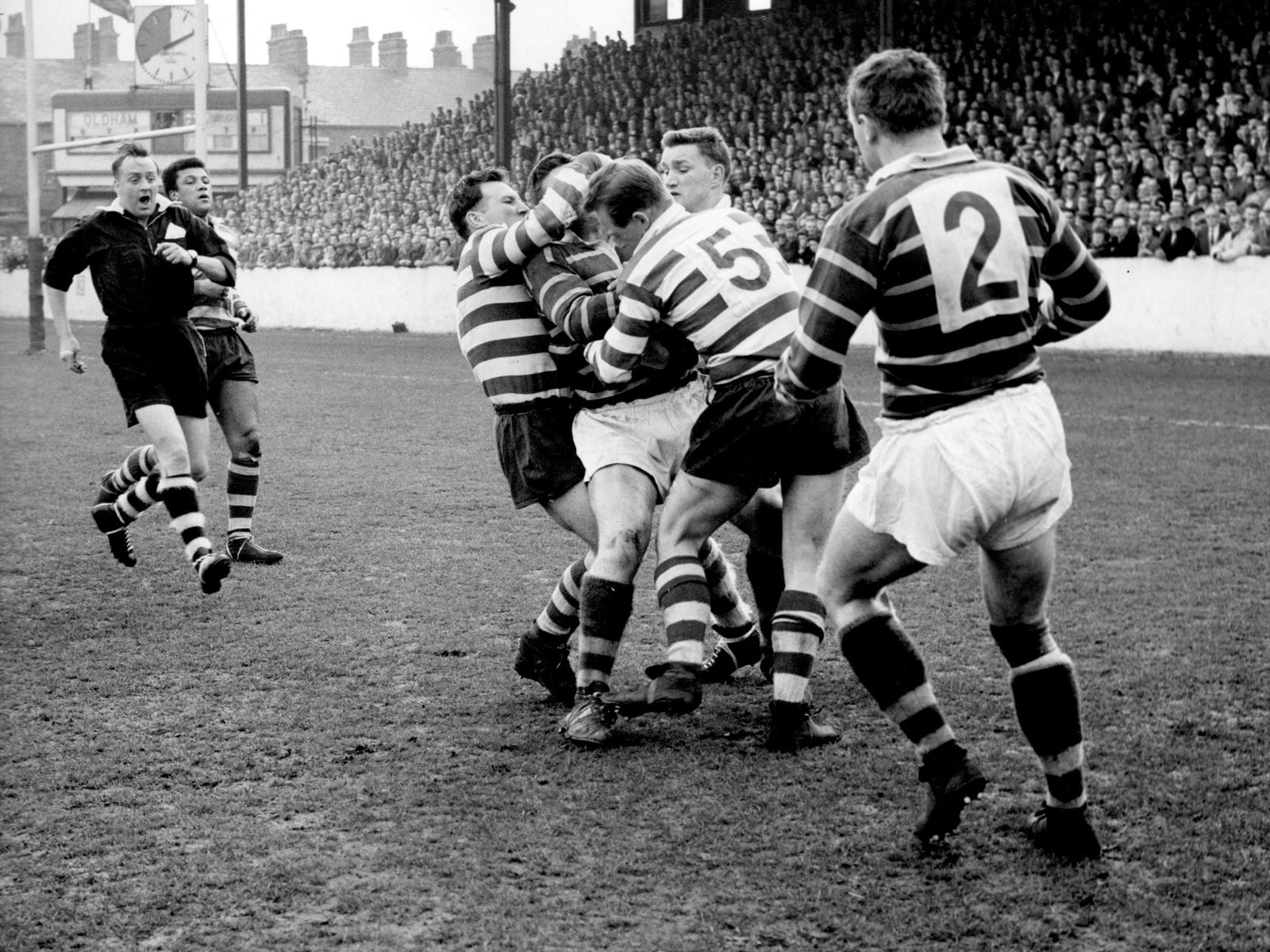 Nestor, Pitchford and Sims tackle Bowman - April 23rd 1962.