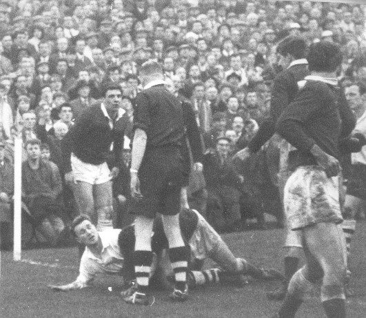 A try for Geoff Sims at Swinton in the first replay v HKR - April 15th 1964.