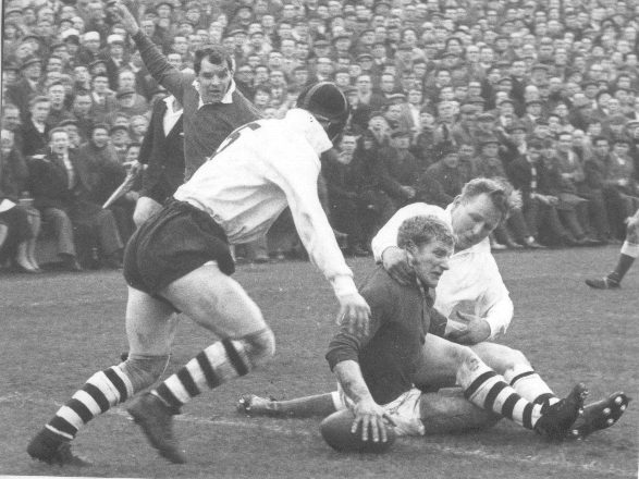Frank Dyson can't stop a try for Terry Major at Swinton - April 15th 1964