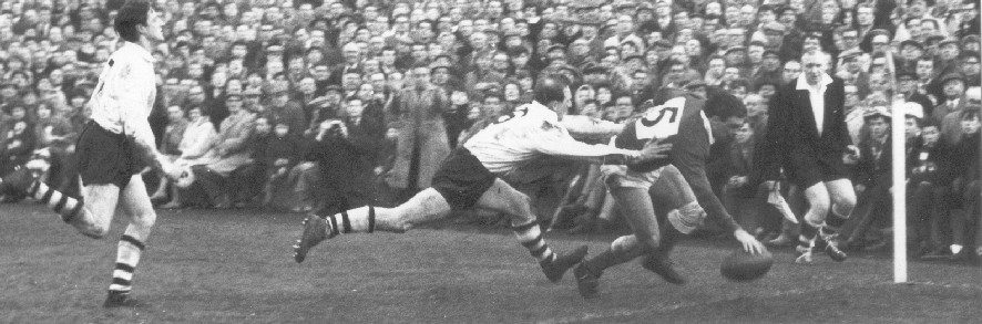 Mike Blackmore goes over in Vince Nestor's tackle - April 20th 1964.