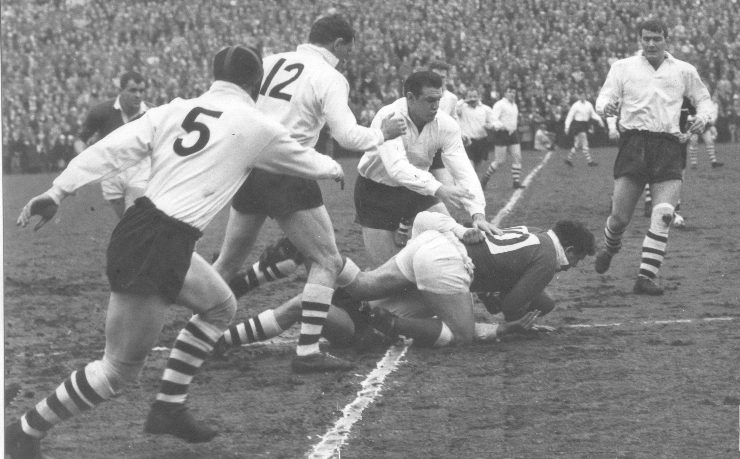 Solid defence from Charlie Bott with Trevor Simms, Geoff Robinson and Ken Wilson in support - April 20th 1964.