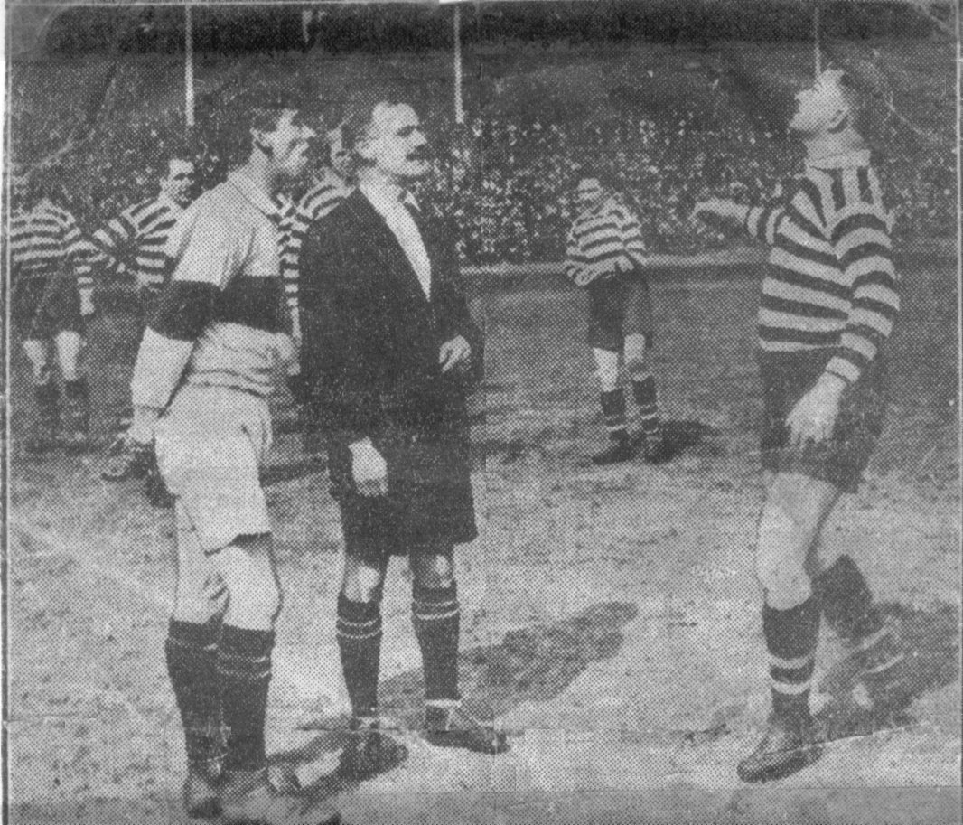 Herman Hilton and Laurie Osborne at the toss up at the 1925 Cup Final at Headingley with referee Mr. R. Jones of Widnes - April 25th 1925.