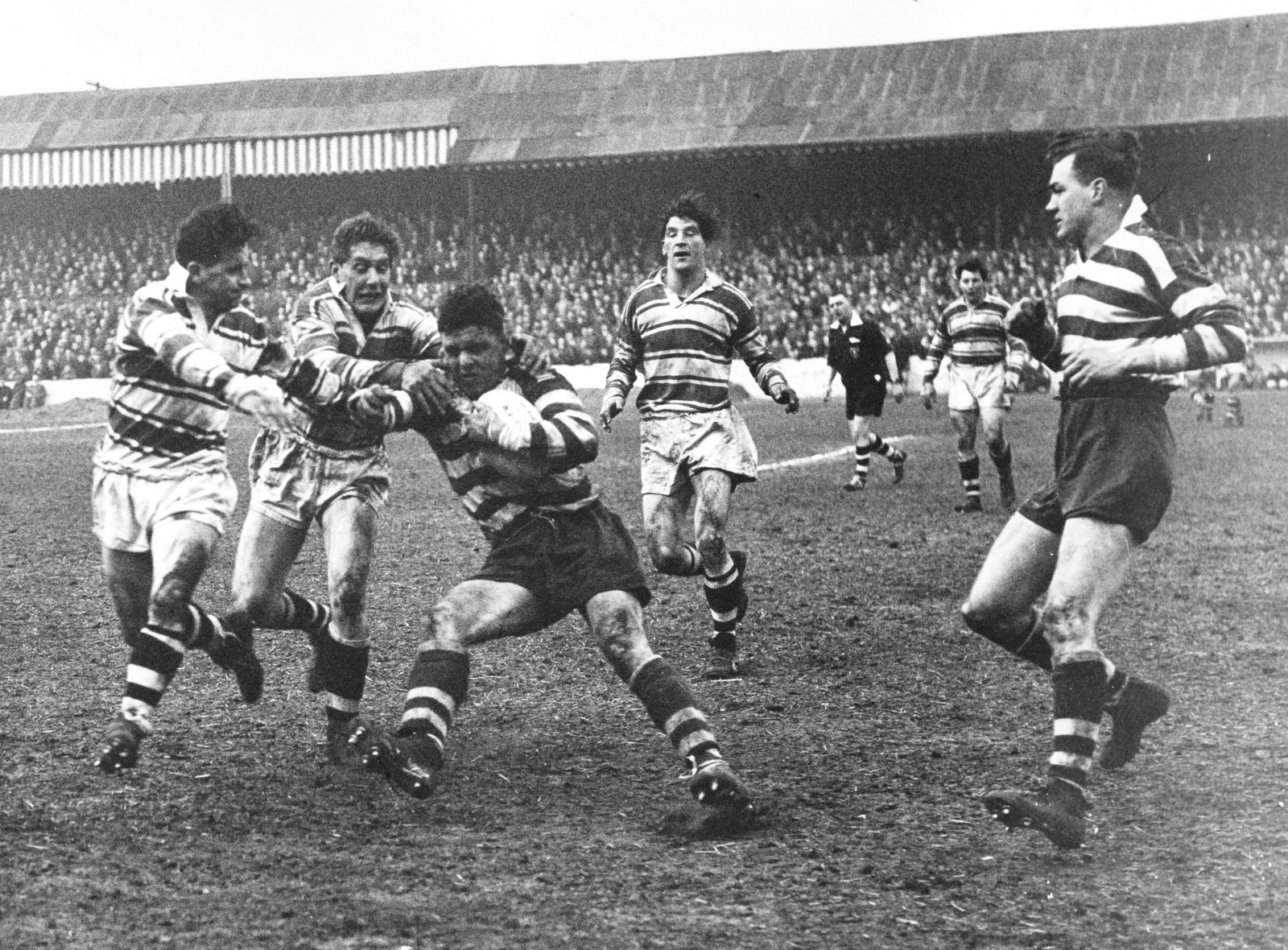 Jackson is tackled by Watts and Whiteley - April 16th 1958.