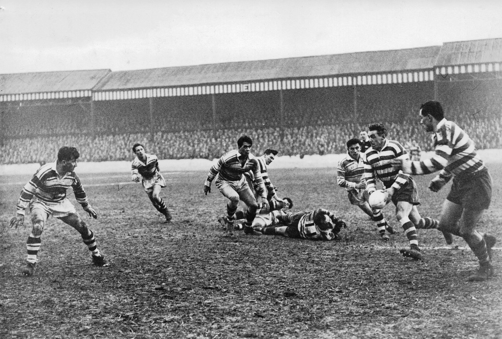 Ganley breaks through with Davies in support - April 16th 1958.