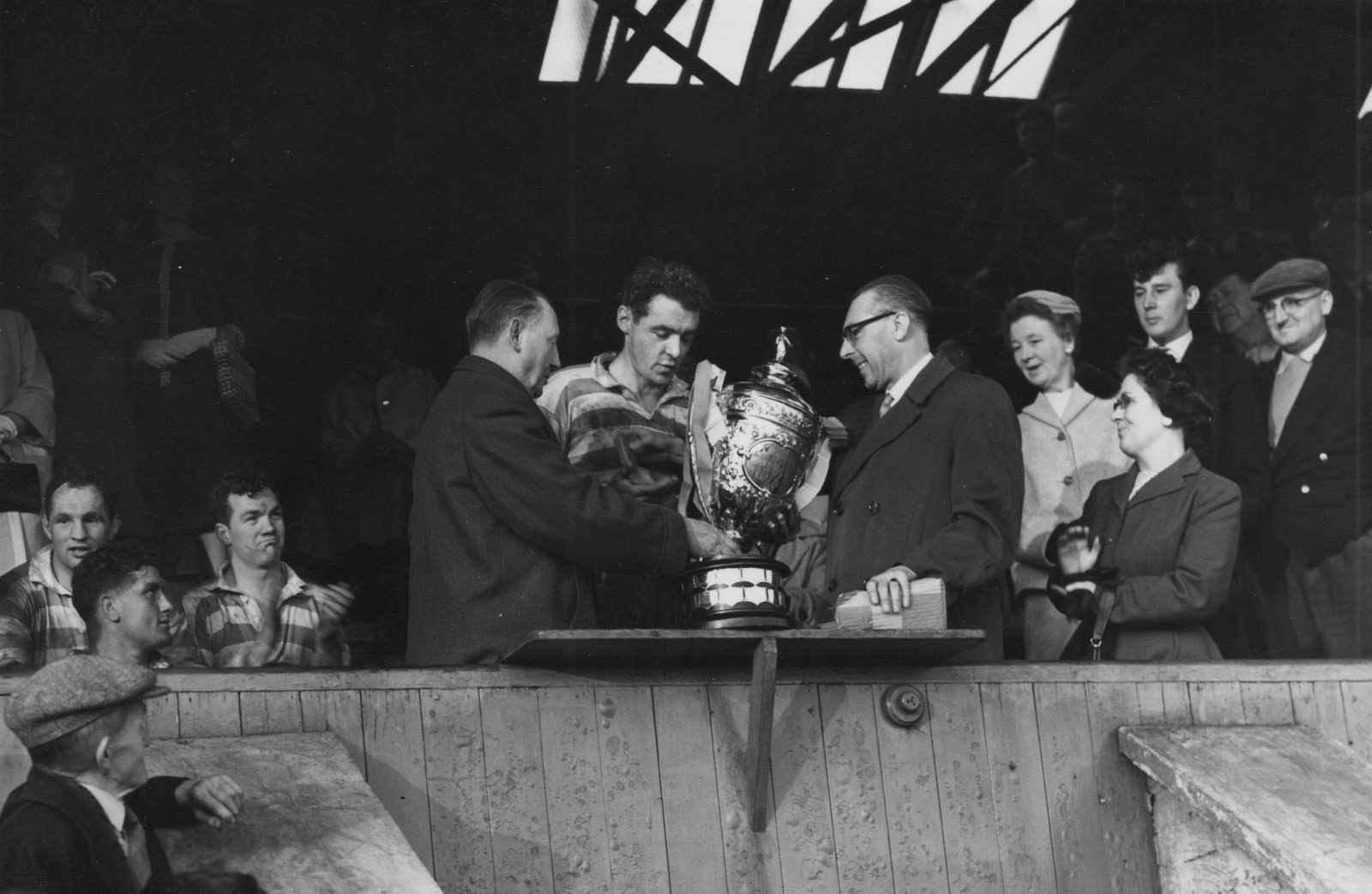 Bernard Ganley receives the Lancashire League cup after play off match v Hull - May 3rd 1958.