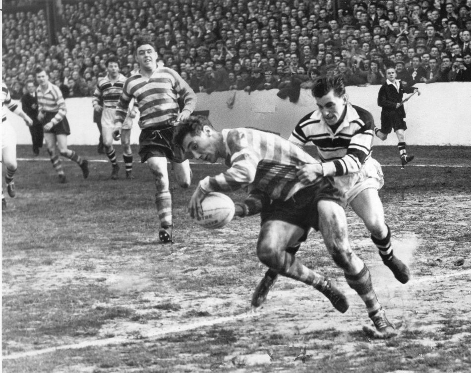 Roger Dufty touches down in Tom Finn's tackle - May 3rd 1958.