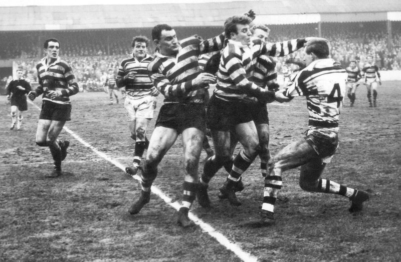 Robinson, Lord and Holden make a tackle on Hollindrake - Feb 10th 1958.