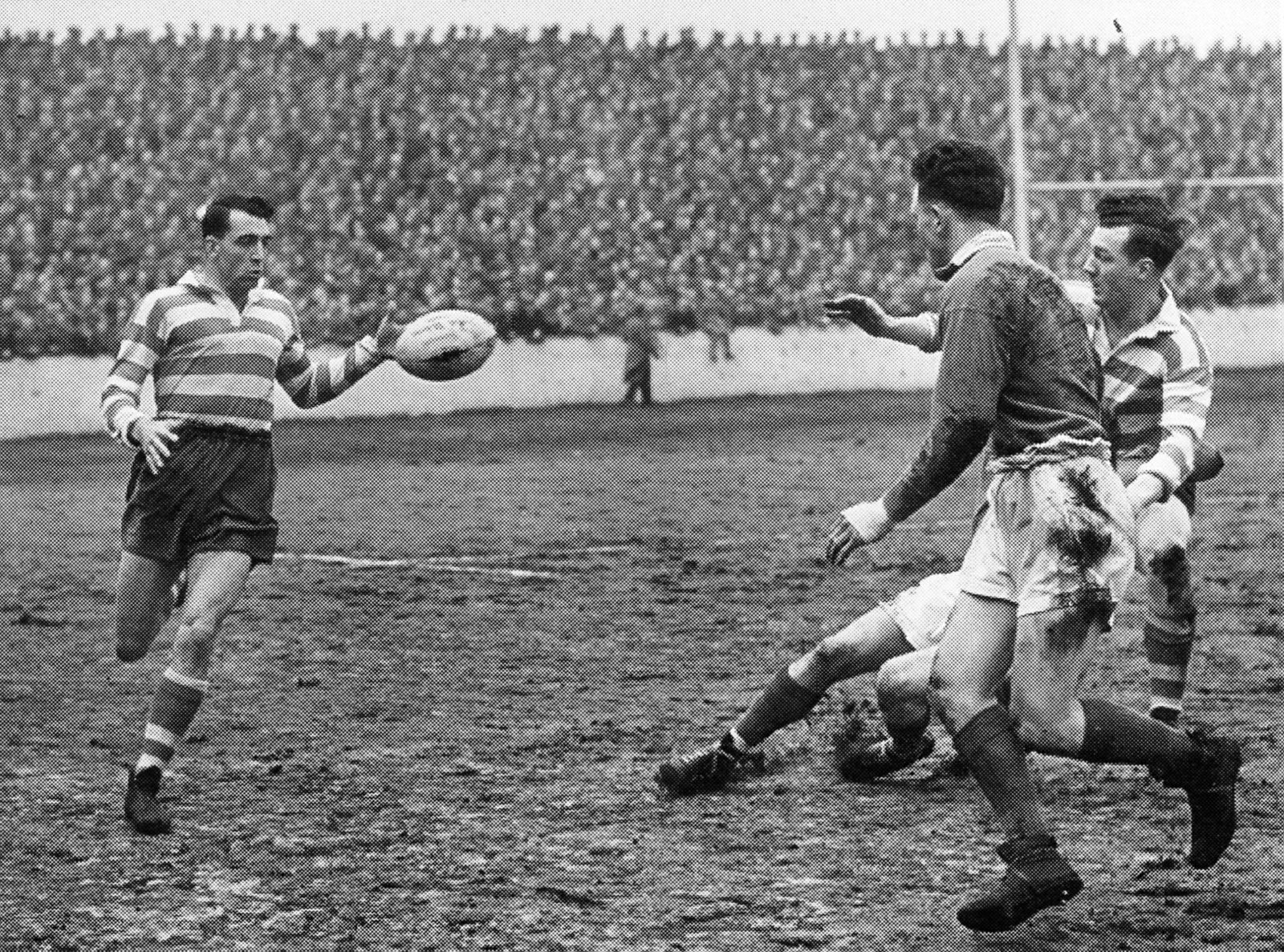 John Etty releases a pass to Dick Cracknell v Keighley - April 11th 1955.