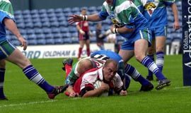 Dane Morgan forces his way over to score Oldham's second try v Keighley Aug 22nd 2004.