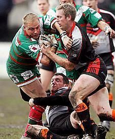 Tommy Goulden & Jason Boults make a tackle v Keighley - April 13th 2008.