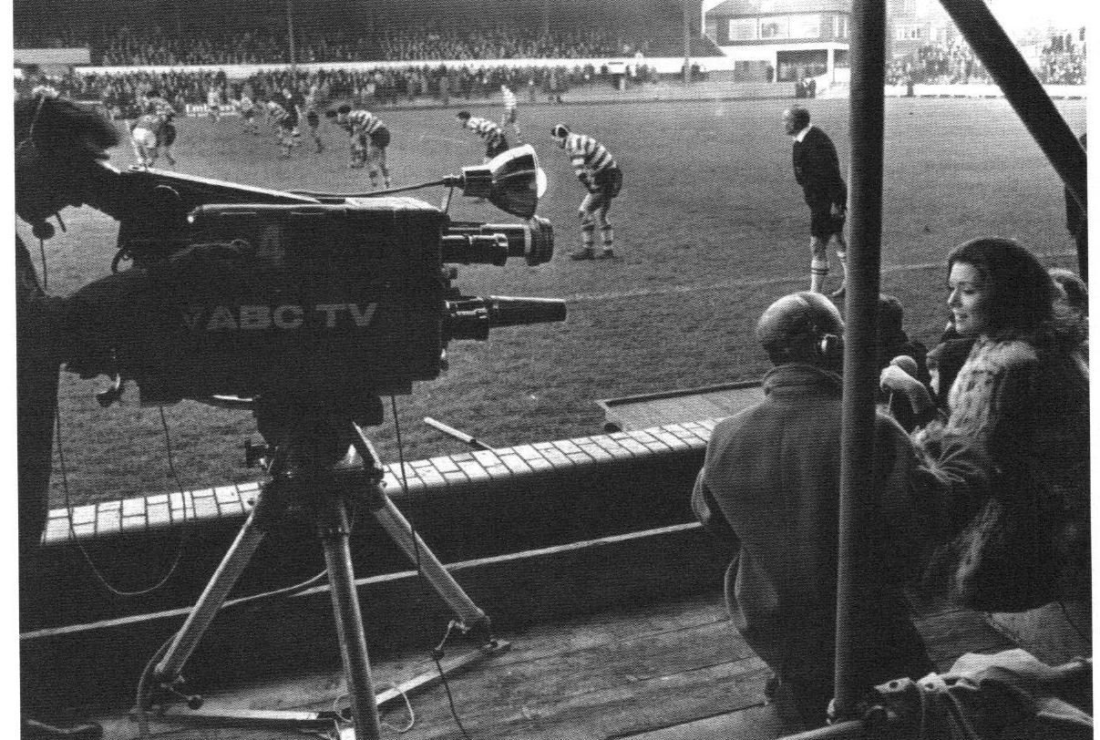 British actress Diana Rigg being interviewed at Headingley while Leeds play Oldham - Dec 11th 1965.