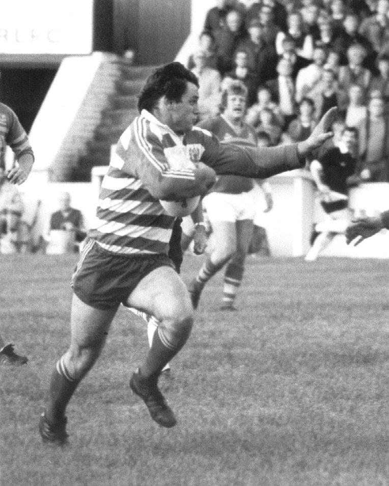 Andy Goodway prepares to hand off a Leeds opponent - Aug 25th 1982.