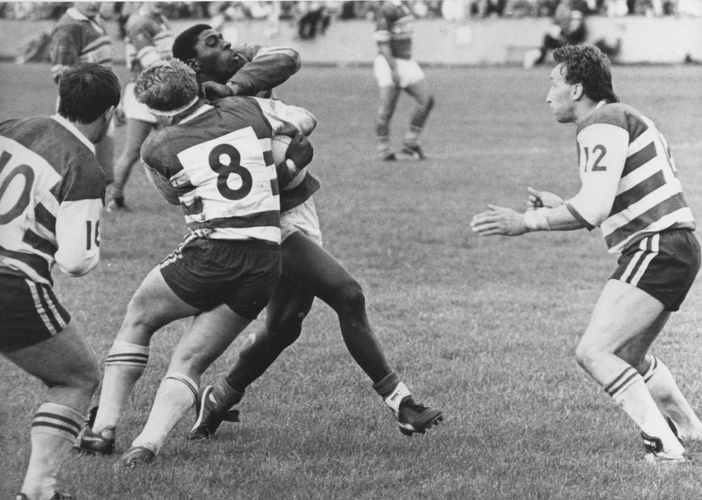Leo Casey stops Roy Powell. Oldham v Leeds - Sep 4th 1988.
