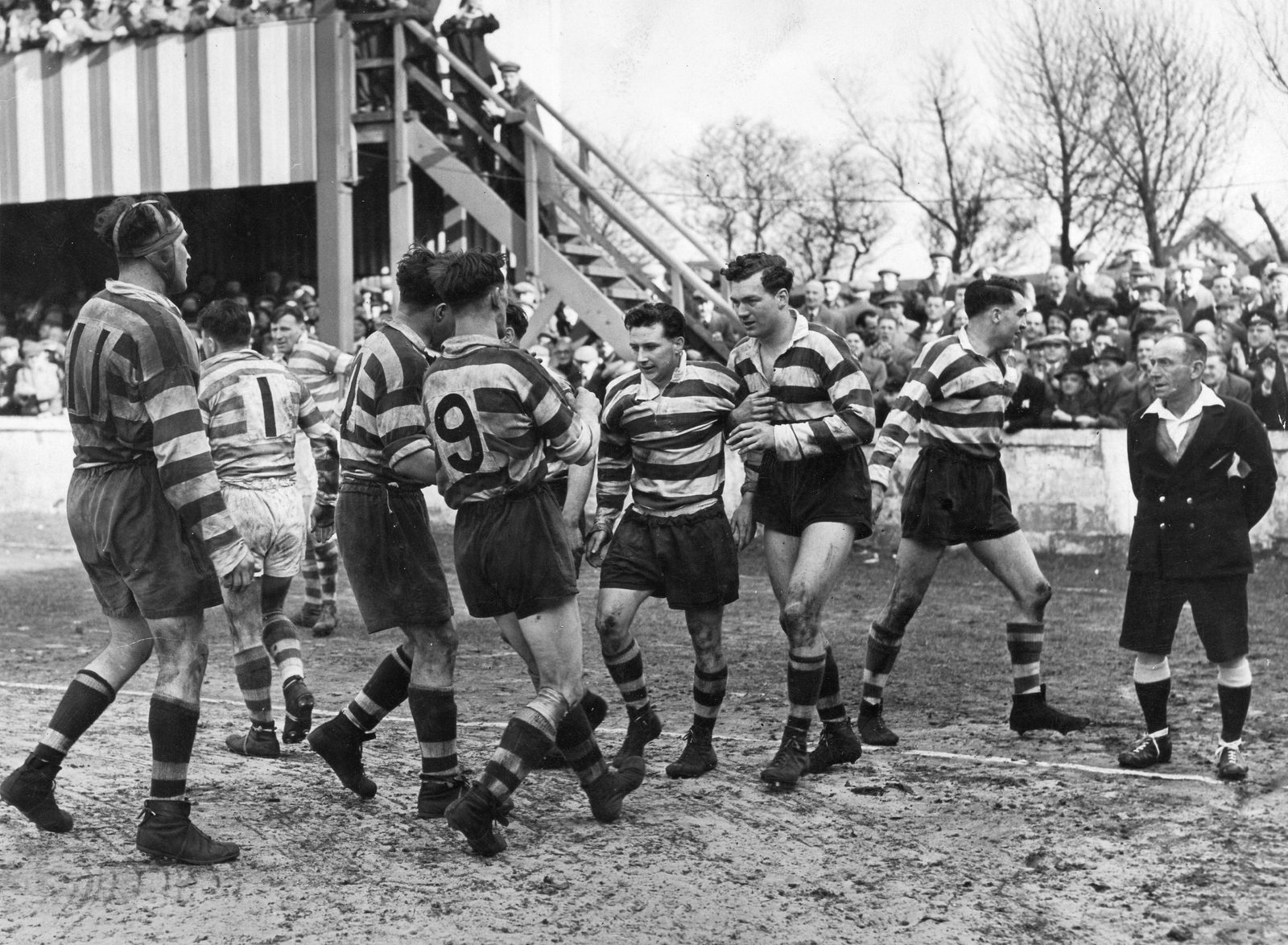 Frank Pitchford is congratulated by his team-mates after scoring v Leigh - April 16th 1955..
