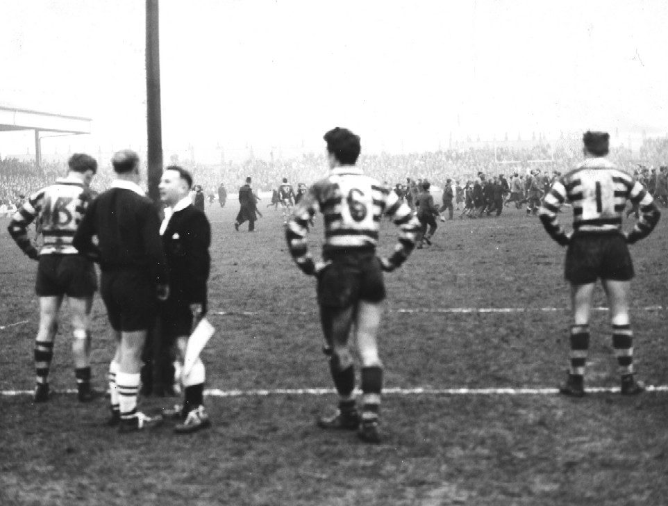 Tom Parker, Alan Kellett and Geoff Sims line up after a Hodgkiss try at Leigh - March 10th 1962.