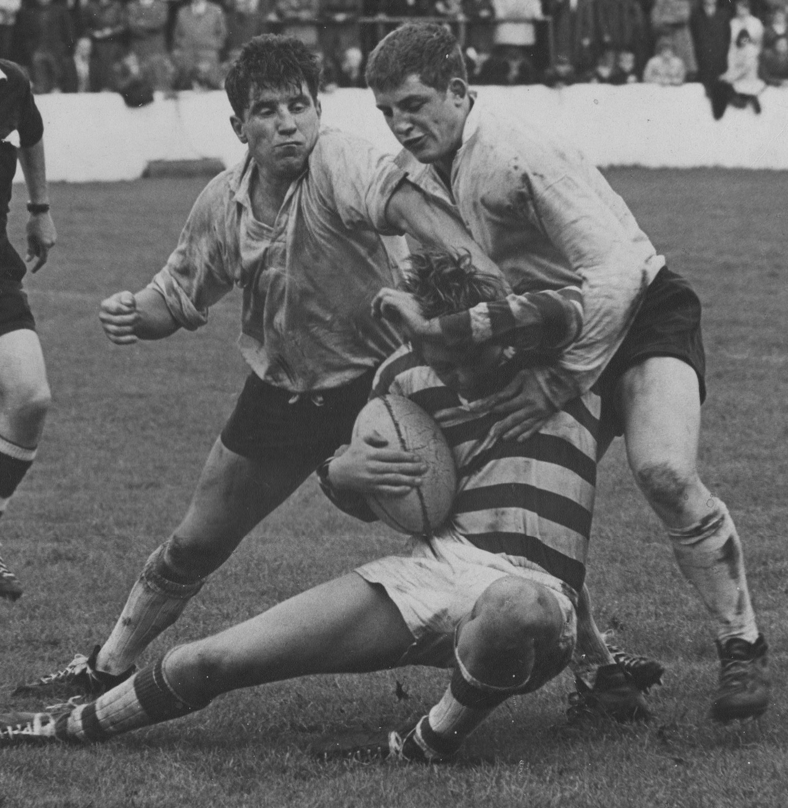 Peter Smethurst and Bob Irving bring down a Leigh opponent - Aug 19th 1967.