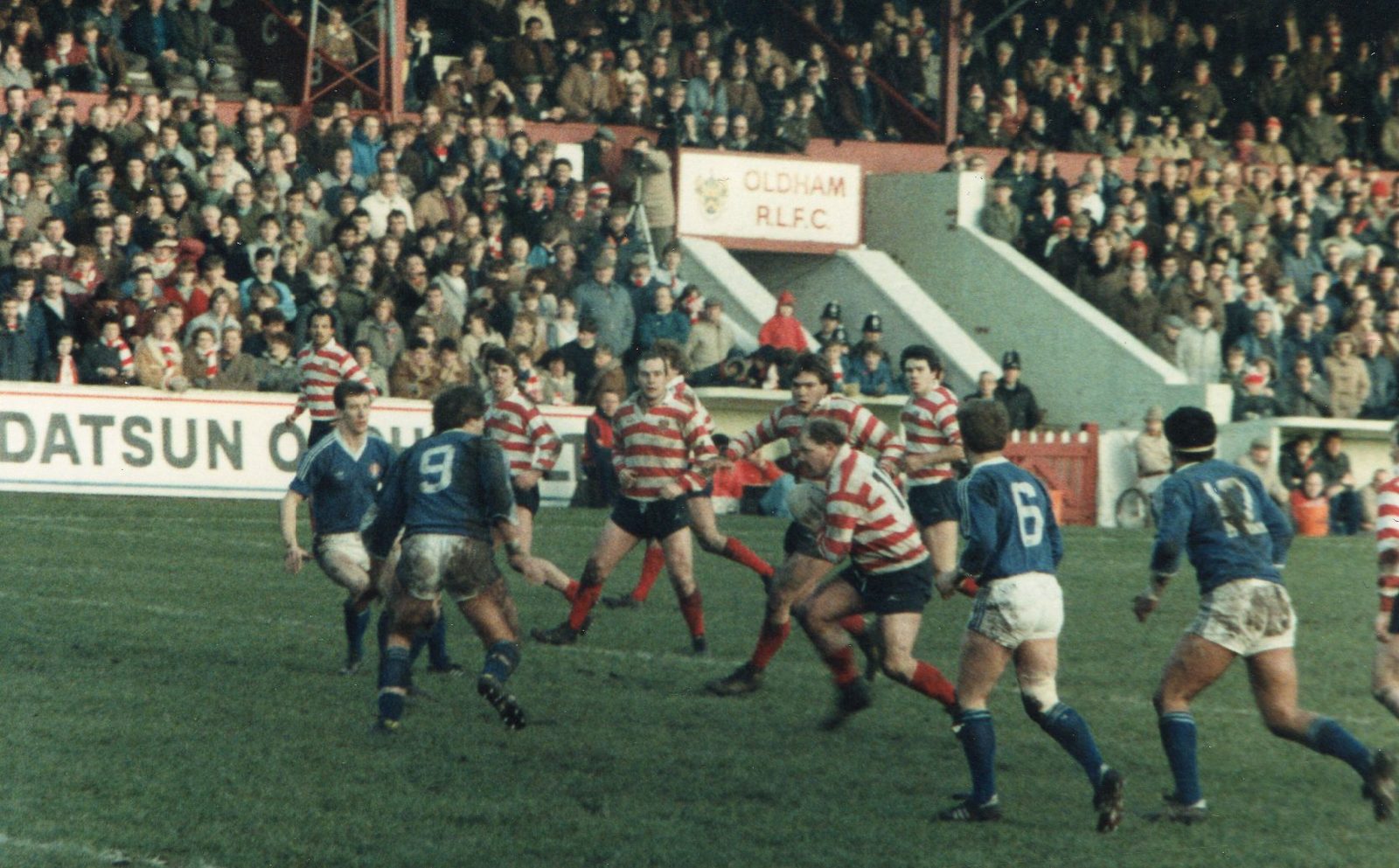 Mick Morgan in possession. Oldham v Leigh - Jan 8th 1984.