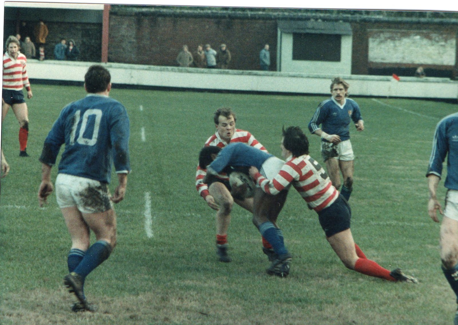Jimmy Hornby and Paddy Kirwan make a tackle. Oldham v Leigh - Jan 8th 1984.